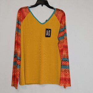 ROWDY CROWD CLOTHING Yellow Gold Long Sleeve Stretchy Rib Knit Aztec Top; Size L